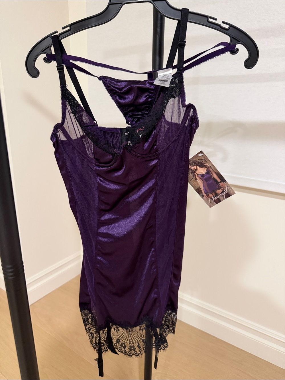 Dreamgirl Purple Satin Lace Chemise with Black Trim